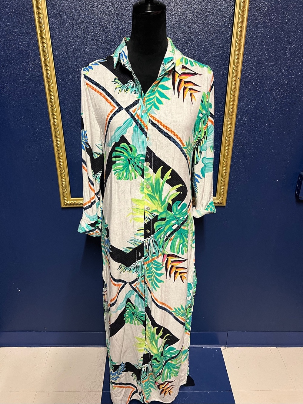 Tropical Leaf Print White Button-Front Maxi Dress